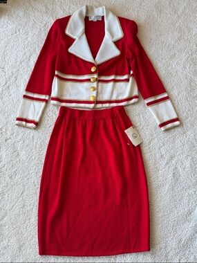 St. John Red and White Two-Piece Knit Skirt Set with Gold Buttons